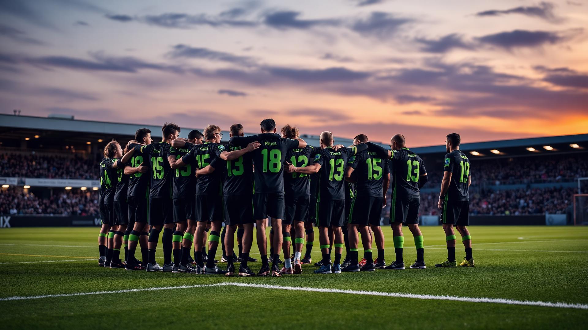 Fußballteam im Stadion in schwarz-grünen JAKO Trikots